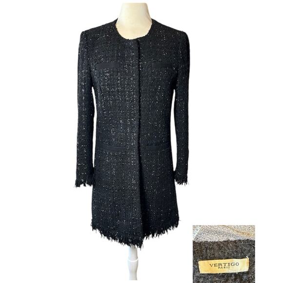 Vertigo Paris Black Tweed Fringe Boucle Blazer Wool Blend Coat Jacket Sz M - Picture 1 of 8